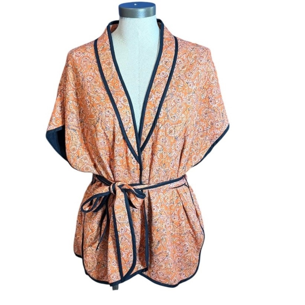 J. Jill Reversible Quilted Paisley Wrap Top Orange Navy Blue Belted S-L RN97641